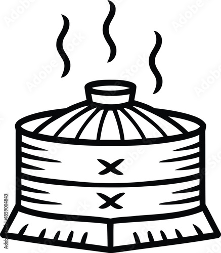 A black and white outline drawing of a traditional bamboo steamer basket with steam rising