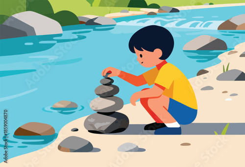 Child stacking stones by a riverbank with green hills in background