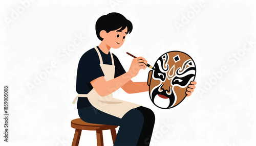 Person painting a traditional mask on a stool