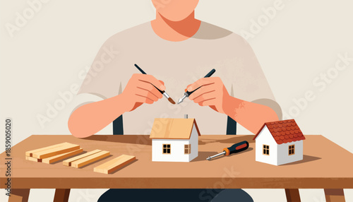 Person building miniature houses with tools and wooden pieces