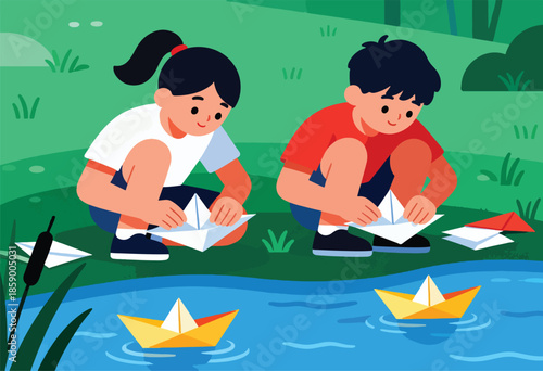 Two children launch paper boats in a tranquil stream surrounded by green grass and trees