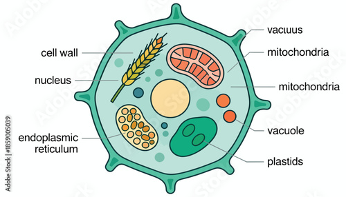 Diagram of a plant cell showing organelles like the nucleus, mitochondria, and vacuole