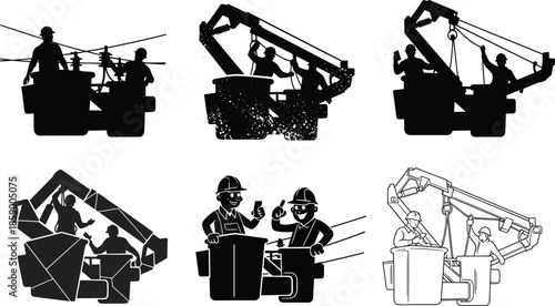 Set of utility bucket truck silhouettes with electrical workers repairing overhead power lines for industrial maintenance and energy infrastructure design,