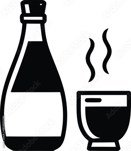 Minimalist icon illustration showing a traditional japanese sake bottle and a hot cup of sake