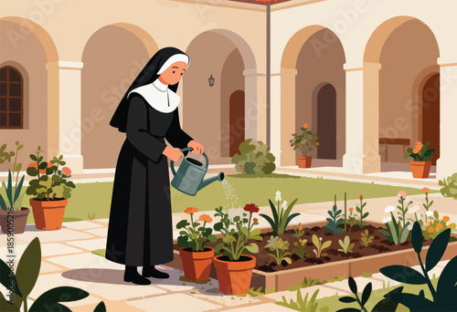 Nun waters plants in a sunny courtyard garden with arched architecture