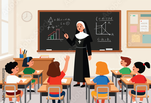 Nun teaching math to students in a classroom