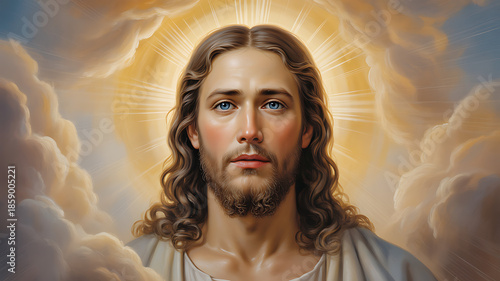 A compassionate portrait of Jesus Christ with blue eyes, long hair, beard, halo, and radiant light