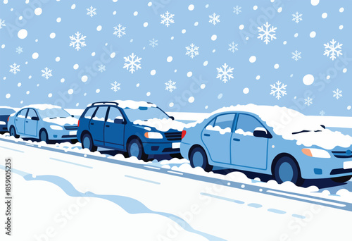 Cars parked on a snowy street during a snowfall with snowflakes falling