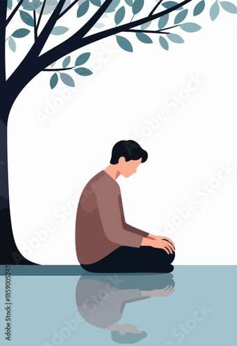 Person sits in thought by a tree, reflection mirrored in water