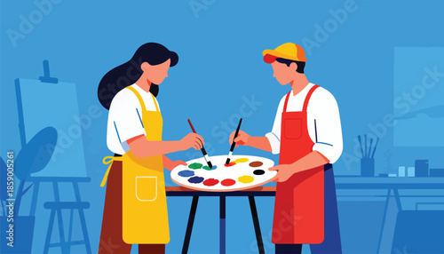 Two individuals wearing aprons mix colors on a palette, preparing to paint
