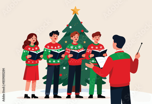 Choir sings carols by a decorated Christmas tree, led by a conductor