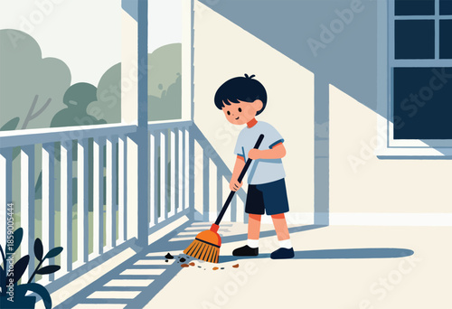 A child sweeps debris from a sunlit porch next to a railing