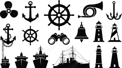 Nautical maritime silhouettes set with anchors ship wheels lighthouses ships binoculars isolated on white background ocean illustration collection