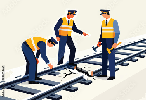 Rail workers inspect damaged tracks, one pointing to a fracture