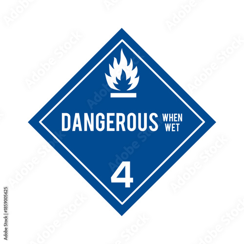 GHS Class 4 Dangerous When Wet International Placard. Dangerous When Wet Hazard Symbol for Chemical Handling and Storage. Dangerous When Wet Transportation Hazard Placard Class Four.