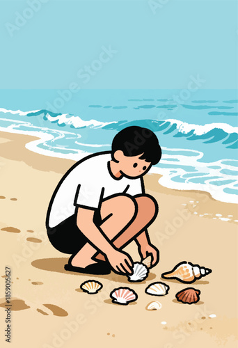 A person crouches on a beach, collecting seashells near the ocean waves