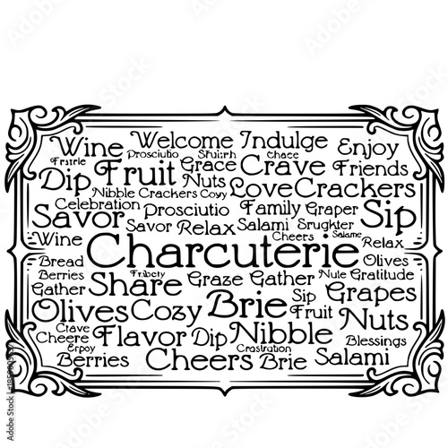 Charcuterie Board Word Cloud Illustration with Decorative Frame