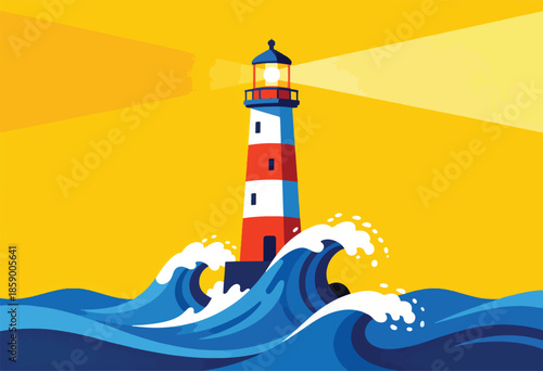 Towering red and white striped lighthouse beams light across stormy blue waves