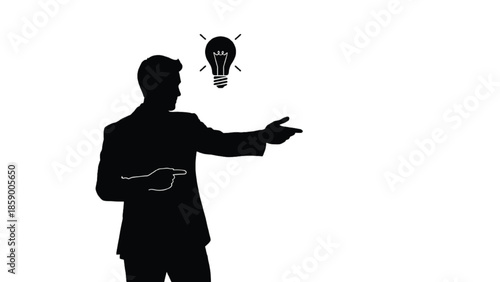 Black silhouette man pointing at lightbulb idea businessman