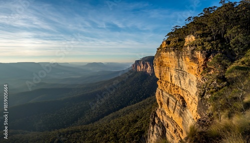 Majestic Blue Mountains landscape with towering cliffs and vast valleys at sunrise.