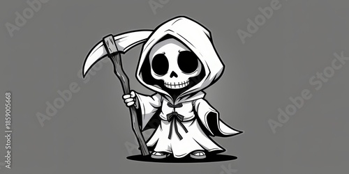 A cute cartoon skeleton holding a scythe in a hooded robe.