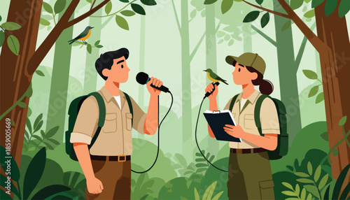 Two researchers with backpacks record bird sounds in a lush forest