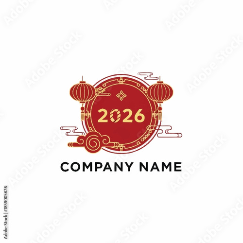 Chinese New Year 2026 red lantern logo template with golden elements.