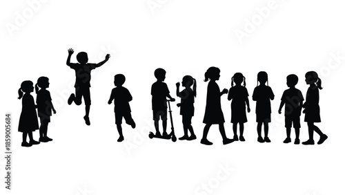 A silhouette of children one jumping joyfully with others standing in a line