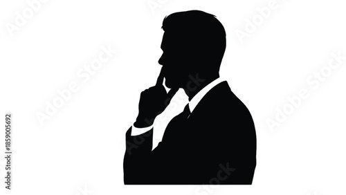 Black silhouette of a man in a suit with finger to his chin