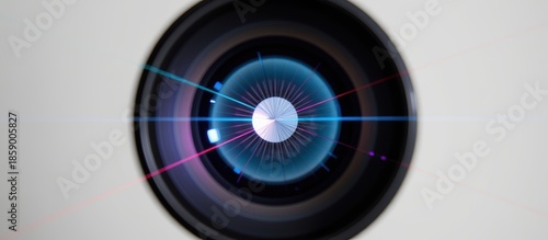 Camera lens with vibrant light reflections and a modern design.