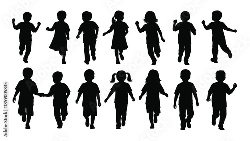 A collection of silhouetted children figures running and playing in various poses