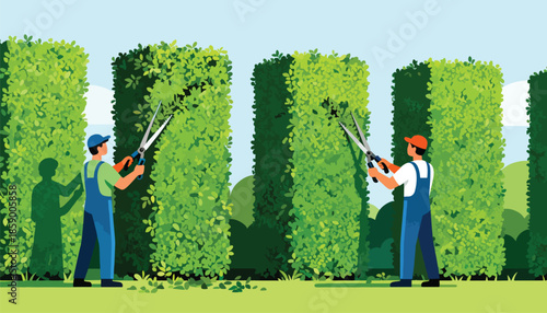 Two gardeners in overalls trim tall green hedges with shears