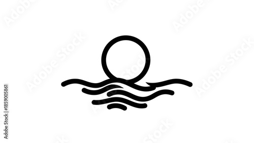 A minimalist black and white graphic illustration of a circle representing the sun rising or setting over stylized wavy water lines.