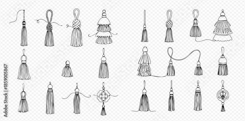 Set of hand-drawn decorative tassels in various shapes and styles, isolated on a transparent background, perfect for design elements.