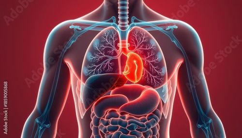 Anatomical illustration of human organs with highlighted features on a dark background.