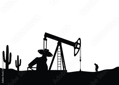 Oil pump jack silhouette in desert landscape, petroleum industry extraction scene with worker cactus and machinery isolated white background illustration