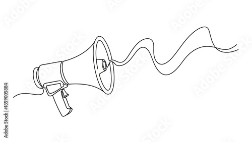 A minimalist continuous line drawing of a megaphone with a wavy ribbon emanating from its bell.