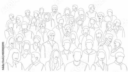 A detailed line drawing depicts a large crowd of diverse people with their faces left blank, creating a sense of anonymity.