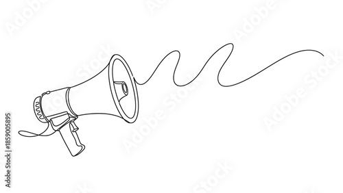 A minimalist continuous line drawing of a megaphone emitting sound waves.