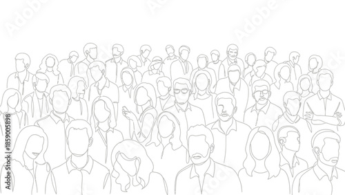 A detailed line drawing of a diverse crowd of people from the shoulders up, with varying hairstyles and facial features.