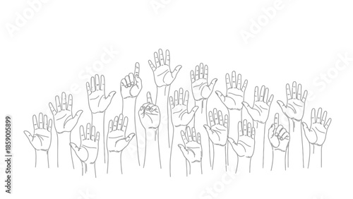 A collection of diverse hands raised in various positions, suggesting participation, questions, or a call for attention.