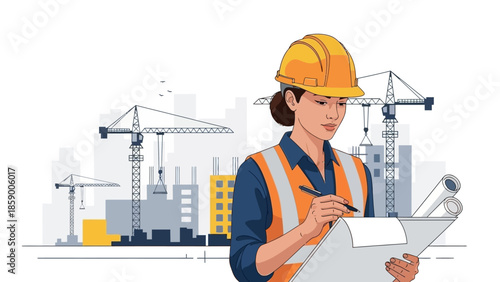 A female construction worker in a hard hat and safety vest reviews blueprints at a busy construction site with cranes and buildings.