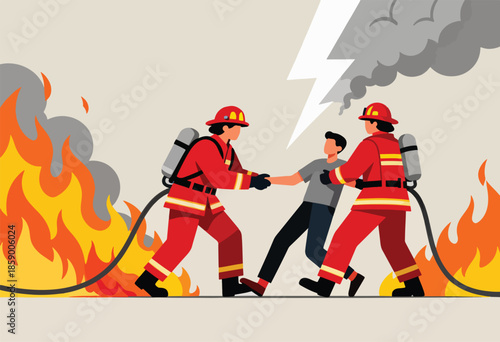 Firefighters rescue a person from a burning building during a storm