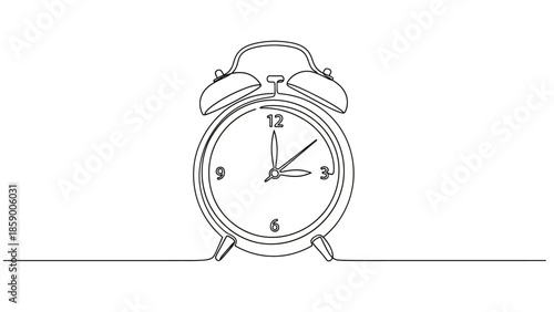 A minimalist line drawing of a classic analog alarm clock showing the time as 3 o'clock.