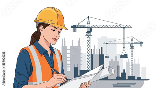 A female construction engineer wearing a hard hat and safety vest reviews blueprints at a construction site with cranes and buildings in the background.