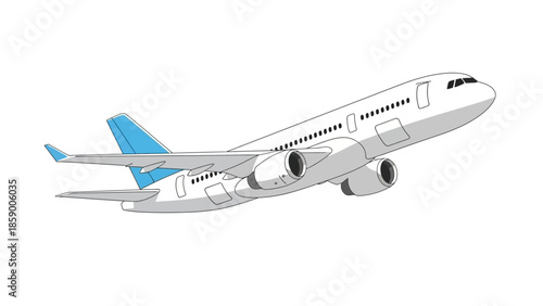 A detailed illustration of a modern passenger airplane in mid-flight, with its landing gear retracted and wings angled upwards.