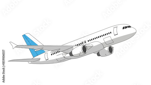 A white passenger airplane with blue accents on its tail is captured in mid-flight, ascending against a plain white background.