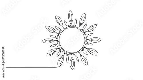 A minimalist, continuous line drawing of a sun with decorative rays, set against a plain white background.