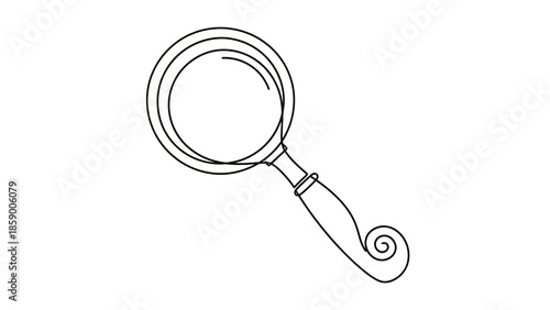 A simple, elegant line drawing of a classic magnifying glass with a decorative handle.