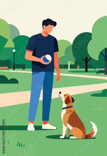 Person holds colorful ball, dog sits expectantly in green park setting